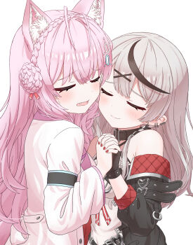 2girls absurdres animal_ear_fluff animal_ears arasaka_chiharu black_collar black_gloves black_hair closed_eyes collar commentary ear_piercing fang fingerless_gloves gloves grey_hair hair_bun hair_ornament hakui_koyori hakui_koyori_(1st_costume) hexagon_hair_ornament highres hololive interlocked_fingers lab_coat long_hair multicolored_hair multiple_girls piercing pink_hair sakamata_chloe sakamata_chloe_(1st_costume) simple_background streaked_hair two-tone_hair upper_body virtual_youtuber white_background wolf_ears wolf_girl x_hair_ornament yuri