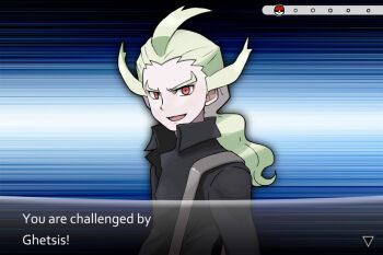 1boy aged_down alternate_universe arms_at_sides blonde_hair blue_background commentary dialogue_box facing_to_the_side ghetsis_(pokemon) grin kurobis looking_ahead low_ponytail male_focus nintendo official_style partially_unbuttoned poke_ball poke_ball_(basic) pokemon pokemon_bw2 pokemon_xy ponytail red_eyes smile turning_head upper_body user_interface