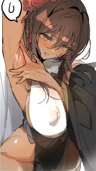 Rule 34 | 1girl, armpit cutout, armpits, black kimono, blush, boots, breasts, brown eyes, brown hair, clothing cutout, dark-skinned female, dark skin, detached collar, flower, fur collar, goddess of victory: nikke, hair bun, hair flower, hair ornament, highres, japanese clothes, kimono, knee boots, large breasts, long hair, mimlmi, noir (black rabbit) (nikke), noir (nikke), official alternate costume, pelvic curtain, sideboob, solo, white kimono