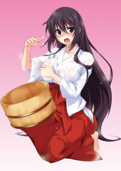 1girl :o barefoot black_hair blue_eyes blush breasts bucket chihaya_(clothing) collarbone commentary_request double-parted_bangs embarrassed gradient_background hair_between_eyes hakama hakama_skirt hand_on_own_chest incoming_object infinite_stratos japanese_clothes kimono kneeling kosode large_breasts long_hair looking_at_viewer miko official_art open_mouth pink_background red_hakama see-through_clothes shinonono_houki simple_background skirt solo tabi throwing very_long_hair water_drop wet wet_clothes wet_hair white_kimono wide_sleeves wooden_bucket yuuki_homura