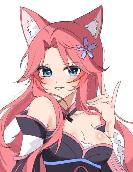 1girl \n/ absurdres animal_ears artist_request blue_eyes commission commissioner_upload flower flower_on_head fox_ears fox_girl hair_between_eyes highres japanese_clothes kimono looking_at_viewer non-web_source off_shoulder pink_hair sakura_dungeon smile yomi_(sakura_dungeon)