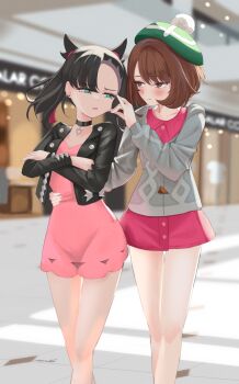 2girls black_choker black_hair black_jacket brown_eyes brown_hair cardigan choker commentary_request dress gloria_(pokemon) green_eyes green_hat grey_cardigan hat highres jacket marnie_(pokemon) multiple_girls nintendo outdoors pink_dress pokemon pokemon_swsh red_shirt revvie shirt short_hair standing tam_o&#039;_shanter thighs