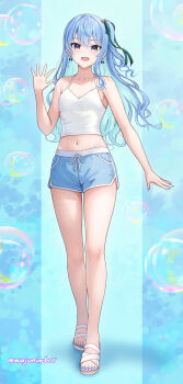 1girl :d absurdres alternate_costume bare_legs blue_eyes blue_hair blue_nails bow bow_earrings breasts bubble_background camisole cleavage collarbone commentary crop_top dolphin_shorts drawstring earrings feet full_body hair_ribbon hand_up hashtag-only_commentary highres hololive hoshimachi_suisei jewelry legs midriff nail_polish navel one_side_up open_hand open_mouth revision ribbon sandals shorts small_breasts smile solo star_(symbol) star_in_eye stomach symbol_in_eye thighs toenail_polish toenails toes virtual_youtuber wajuniorbox wavy_hair white_camisole