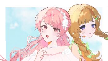 2girls back-to-back bare_shoulders bead_necklace beads blue_eyes blue_sky bobo_(miracle_nikki) border bow bowtie braid brown_hair cloud collared_shirt commentary_request day dot_nose dress dress_flower earrings eyelashes flower green_bow green_bowtie hair_bow hair_flower hair_ornament hair_over_shoulder hairclip hand_on_own_chest happy iui_xox jewelry light_blush light_smile long_hair looking_at_viewer loose_hair_strand miracle_nikki multiple_girls necklace nikki_(nikki) nikki_(series) off-shoulder_dress off_shoulder open_mouth orange_dress outdoors outside_border parallel_hairclips pink_eyes pink_hair pleated_sleeves rose shirt shirt_under_dress short_sleeves sky sleeveless sleeveless_dress sleeveless_shirt smile striped_bow striped_bowtie striped_clothes teeth twin_braids upper_body upper_teeth_only very_long_hair wavy_hair white_border white_dress white_flower white_rose white_shirt