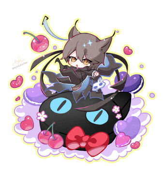 Rule 34 | 1boy, absurdres, animal ears, arknights, black jacket, black pants, black shoes, blush stickers, bow, brown eyes, brown hair, cherry, chibi, eyes visible through hair, food, fruit, hair over one eye, heart, highres, jacket, looking at viewer, macaron, male focus, miss christine (arknights), myluche, pants, parted lips, phantom (arknights), red bow, shoes, signature, solo, tail, tragodia (arknights), twitter username