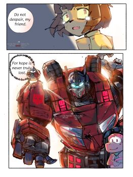 animal_nose autobot blue_eyes blue_necktie brown_hair commentary crossed_arms english_commentary flappers_(gameoverse) furry furry_female gameoverse glowing glowing_eyes gobbles_(gameoverse) gunbuster_pose highres kaboodle_(gameoverse) kit_bodega kiwi_(gokettsu) looking_back mecha necktie one-eyed open_hand open_mouth optimus_prime purple_eyes red_eyes robot science_fiction sharp_teeth shirt short_hair sleeveless sleeveless_shirt smile standing_on_another's_shoulder tearing_up teeth transformers transformers:_war_for_cybertron twitter_username untranslatable_commentary yellow_shirt