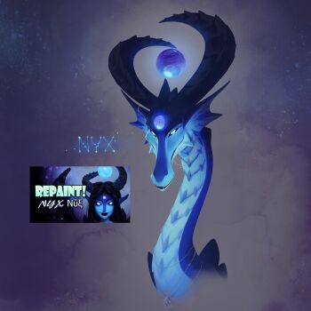 Rule 34 | 1girl, animalization, black sclera, colored sclera, dollightful, dragon, highres, horns, jewelry, necklace, nicholas kole, no humans, nyx (dollightful), orb, person and animalization, solo, third eye, white eyes