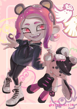 absurdres animal_ears bear_ears black_hair black_jumpsuit black_shirt bow-shaped_hair callie_(splatoon) callie_(squid_sisters_outfit)_(splatoon) character_doll doll food food_on_head highres inkling jumpsuit koyomi_yamai long_hair nintendo object_on_head octoling octoling_girl octoling_player_character open_mouth pantyhose pink_hair pink_pantyhose red_eyes shirt short_jumpsuit signature splatoon_(series) splatoon_1 splatoon_2 squid suction_cups sushi teeth tentacle_hair