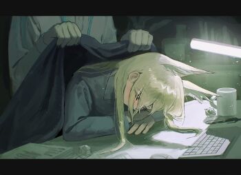 1girl animal_ear_fluff animal_ears blanket blonde_hair blue_archive breasts closed_eyes commentary_request computer_keyboard covering_with_blanket desk_lamp dog_ears hair_over_one_eye halo head_on_table highres holding holding_blanket kanna_(blue_archive) lamp lanyard long_hair paper sensei_(blue_archive) shiosai_73 shirt sleeping sleeping_on_desk white_shirt