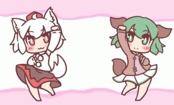 2girls :3 animal_ears animated animated_gif arm_up barefoot blush dancing detached_sleeves green_eyes green_hair hat inubashiri_momiji kasodani_kyouko maitora multiple_girls pink_background red_eyes shirt skirt tail tokin_hat touhou white_hair wolf_ears wolf_tail