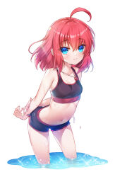 Rule 34 | 1girl, ahoge, bare shoulders, black shorts, black sports bra, blue eyes, blush, breasts, closed mouth, collarbone, commission, leaning forward, looking at viewer, midriff, munlu (wolupus), navel, original, red hair, red trim, short shorts, shorts, skeb commission, small breasts, solo, sports bra, wading, water, wet