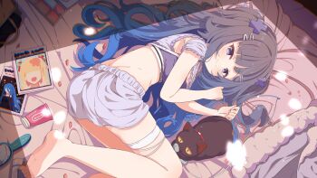 1girl absurdres barefoot black_cat blue_hair breasts cat chromatic_aberration closed_mouth clothes_lift commentary_request criss-cross_halter foot_out_of_frame gradient_hair grey_hair hair_brush hair_spread_out halterneck highres long_hair looking_at_viewer lying multicolored_hair on_bed on_side original purple_eyes purple_shirt purple_shorts purple_sports_bra seductive_smile shiro9jira shirt shirt_lift short_shorts short_sleeves shorts smile solo sports_bra squeeze_bottle very_long_hair