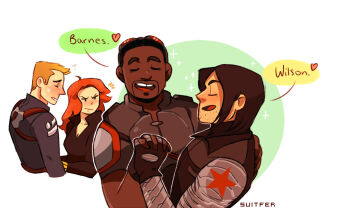 Rule 34 | 1girl, 3boys, annoyed, artist name, avengers (series), black bodysuit, black widow, blonde hair, blue bodysuit, bodysuit, brown hair, bucky barnes, captain america, closed eyes, closed mouth, colored speech bubble, commentary, dark-skinned male, dark skin, english commentary, facial hair, from side, holding hands, long hair, looking at another, marvel, mocking, multiple boys, natasha romanoff, open mouth, red hair, sam wilson, short hair, smile, speech bubble, steve rogers, suitfer, superhero costume, sweat