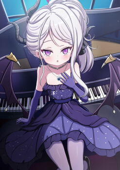 1girl absurdres black_horns blue_archive commentary demon_horns demon_wings dress elbow_gloves gloves highres hina_(blue_archive) hina_(dress)_(blue_archive) horns jewelry jiu_(sdesd3205) long_hair multiple_horns necklace official_alternate_costume official_alternate_hairstyle pantyhose purple_dress purple_eyes purple_gloves solo strapless wings