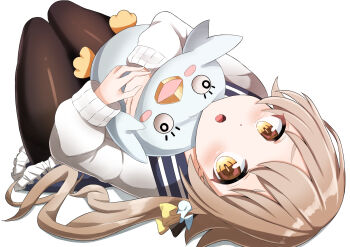 1girl :o black_pantyhose blue_archive blue_sailor_collar blue_skirt blush bow brown_hair commentary_request dutch_angle frilled_skirt frills hair_between_eyes hair_bow hair_ornament hair_spread_out hands_up hifumi_(blue_archive) highres holding holding_stuffed_toy knees_up long_hair looking_at_viewer low_twintails lying miniskirt nanoty on_back open_mouth pantyhose peroro_(blue_archive) sailor_collar school_uniform serafuku simple_background skirt sleeves_past_wrists solo stuffed_animal stuffed_bird stuffed_toy sweater tareme thighs twintails upside-down upturned_eyes very_long_hair white_background white_sweater wing_hair_ornament yellow_bow yellow_eyes