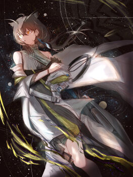 1girl absurdres ahoge arknights armpit_crease asymmetrical_dress bare_shoulders black_dress bracelet breasts brown_hair cape cheddar_n collared_dress commentary_request detached_sleeves dress earrings feather_earrings feather_hair feathers hair_between_eyes highres holding holding_weapon id_card jewelry knees_together_feet_apart layered_dress long_hair looking_to_the_side medium_breasts medium_dress orange_eyes owl_ears parted_lips rhine_lab_logo silence_(arknights) silence_the_paradigmatic_(arknights) single_sidelock sleeveless sleeveless_dress solo star_(sky) starry_sky_background thighs weapon white_cape white_dress