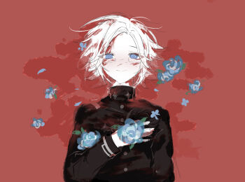1boy aotsuki_eito black_jacket blood blood_in_hair blood_on_face blue_eyes blue_flower blue_rose blush buttons chinese_commentary closed_mouth commentary_request eyes_visible_through_hair flower gakuran glasses hand_on_own_chest high_collar highres jacket last_defense_academy_school_uniform long_sleeves looking_at_viewer male_focus murnal. pale_skin rectangular_eyewear red_background rose school_uniform semi-rimless_eyewear short_hair smile solo the_hundred_line_-last_defense_academy- upper_body white_hair