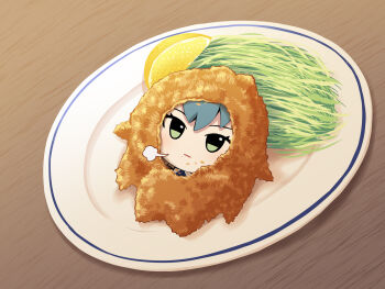 1girl blue_hair blue_shirt brown_jacket character_doll chibi chibigurumi closed_mouth collared_shirt commentary_request doll food food_on_face fruit gakuen_idolmaster green_eyes highres idolmaster jacket lemon lemon_slice lying on_back plaid_clothes plaid_jacket plate shirt solo tsukimura_temari uccow