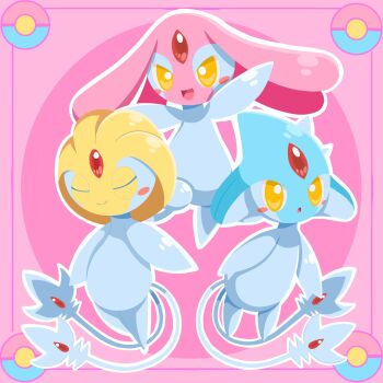 azelf closed_eyes closed_mouth commentary_request forehead_jewel gem gen_4_pokemon highres legendary_pokemon mesprit multiple_tails nintendo no_humans open_mouth pokemon pokemon_(creature) pokemon_focus red_gemstone saikosuteitu smile tail two_tails uxie yellow_eyes