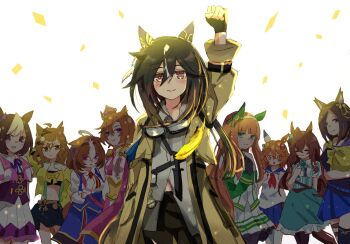 +_+ 6+girls :o ahoge air_groove_(empress_road)_(umamusume) air_groove_(umamusume) animal_ears aqua_eyes aqua_flower aqua_rose aqua_skirt arm_up asymmetrical_shirt black_gloves black_hair black_pants black_skirt blue_eyes blue_skirt blunt_bangs bow brown_hair clenched_hand coat commentary_request cowboy_shot crown dagger double-parted_bangs ear_bow ear_covers fingerless_gloves flower gloves goggles goggles_around_neck gradient_hair hair_between_eyes hair_ornament hair_ribbon hairband hairclip hand_on_own_chest highres hime_cut horse_ears horse_girl horse_tail jacket jungle_pocket_(champion's_battle_cry)_(umamusume) jungle_pocket_(umamusume) knife knife_sheath long_hair long_sleeves looking_at_viewer matikanefukukitaru_(rising_fortune)_(umamusume) matikanefukukitaru_(umamusume) meisho_doto_(turbulent_blue)_(umamusume) meisho_doto_(umamusume) mejiro_bright_(brunissage_line)_(umamusume) mejiro_bright_(umamusume) midriff mini_crown mokuroo multicolored_hair multiple_girls navel neckerchief notched_ear orange_hair pants pink_crown pink_hairband pleated_skirt purple_eyes purple_ribbon purple_vest red_neckerchief ribbon rose sailor_collar school_uniform serafuku sheath sheathed shirt short_hair silence_suzuka_(innocent_silence)_(umamusume) silence_suzuka_(umamusume) single_ear_cover skirt smile solo_focus special_week_(special_dreamer)_(umamusume) special_week_(umamusume) stay_gold_(sunlit_outsider)_(umamusume) stay_gold_(umamusume) stopwatch suspenders t.m._opera_o_(o_sole_suo!)_(umamusume) t.m._opera_o_(umamusume) tail two-tone_hair umamusume vest watch weapon white_gloves white_hair white_hairband white_shirt white_skirt yellow_bow yellow_coat yellow_eyes yellow_jacket yellow_sailor_collar