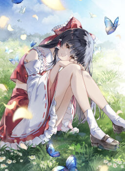 1girl bare_shoulders black_hair blue_butterfly blue_sky bow brown_eyes brown_shoes bug butterfly closed_mouth commentary_request day detached_sleeves field frilled_hair_tubes frilled_skirt frills hair_bow hair_tubes hakurei_reimu highres insect knees_up long_hair looking_at_viewer mary_janes midriff nanop38 nontraditional_miko on_grass outdoors red_bow red_shirt red_skirt shirt shoes sitting skirt sky sleeveless sleeveless_shirt smile socks solo touhou white_sleeves white_socks wide_sleeves