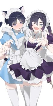 1boy 1girl absurdres alternate_costume animal_ears apron aqua_eyes black_hair blue_dress blue_nails blue_sleeves blunt_bangs blunt_ends blush bow bright_pupils cat_boy cat_ears cat_tail choppy_bangs collar commission crossdressing crossdressing_(mtf) dangdidangdi detached_collar dress enmaided eyeliner eyeshadow frilled_apron frills genshin_impact hair_between_eyes hair_bow half-closed_eyes hetero highres holding_another&#039;s_wrist juliet_sleeves layered_dress long_hair long_sleeves looking_at_another maid maid_apron maid_headdress makeup male_maid mona_(genshin_impact) one_eye_closed open_mouth parted_bangs ponytail_holder puffy_sleeves purple_dress purple_eyes purple_hair purple_nails purple_sleeves red_eyeliner red_eyeshadow scaramouche_(genshin_impact) second-party_source standing star_(symbol) star_print tail thighhighs twintails v white_apron white_background white_bow white_collar white_dress white_headdress white_pupils white_thighhighs white_wrist_cuffs wrist_cuffs