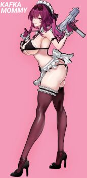 1girl apron ass bikini black_bikini black_thighhighs breasts character_name commentary english_commentary eyewear_on_head from_side gloves gun high_heels highres holding holding_gun holding_weapon honkai:_star_rail honkai_(series) kafka_(honkai:_star_rail) large_breasts maid maid_apron maid_bikini maid_headdress medium_hair pink_background purple_eyes purple_gloves purple_hair saint_laurent_paris solo swimsuit thighhighs unconventional_maid underboob weapon white_apron