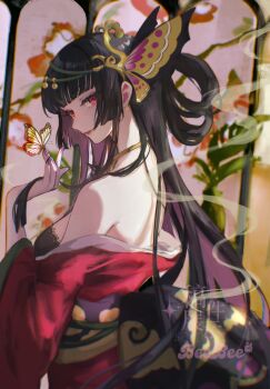 1girl absurdres beebee1120 black_hair blunt_bangs bug butterfly butterfly_on_hand chinese_commentary closed_mouth commentary_request hair_ornament highres ichihara_yuuko insect japanese_clothes jewelry kimono long_hair necklace obi red_eyes red_kimono sash sidelocks single_bare_shoulder smoke solo xxxholic