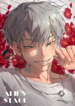 000balloon 2boys absurdres alien_stage black_eyes black_hair chibi commentary copyright_name english_commentary english_text flower green_eyes grey_hair head_wreath highres ivan_(alien_stage) jewelry male_focus multiple_boys necklace red_flower ring ring_necklace shirt short_hair smile solo_focus till_(alien_stage) very_short_hair white_shirt