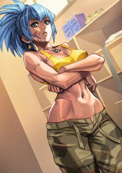 1girl bare_shoulders bathroom blue_eyes blue_hair breasts camouflage camouflage_pants cosplay dog_tags highres leona_heidern leona_heidern_(cosplay) lifting_own_clothes looking_at_viewer midriff navel pants ponytail rubber_duck shampoo shampoo_bottle solo tank_top the_king_of_fighters the_king_of_fighters_xv unzipped yellow_tank_top yukinoshin_f