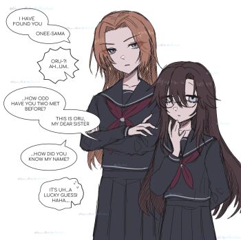 Rule 34 | 2girls, akaruiakiki, alternate universe, april fools, asymmetrical bangs, black serafuku, black skirt, bluesky username, brown hair, collarbone, commentary, cowboy shot, crossed arms, curtained hair, dream journey (umamusume), earrings, english commentary, glasses, grey eyes, hair between eyes, hand on own chin, hatching (texture), highres, humanization, jewelry, linear hatching, long hair, long sleeves, looking at viewer, multiple girls, muted color, neckerchief, orange hair, orfevre (umamusume), pleated skirt, red neckerchief, school uniform, semi-rimless eyewear, serafuku, siblings, sidelocks, simple background, sisters, skirt, speech bubble, spoken sweatdrop, sweatdrop, twitter username, umamusume, under-rim eyewear, watermark, watermark grid, white background, winter uniform