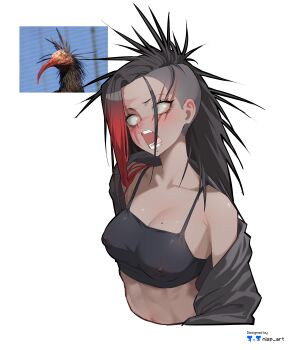 1girl abs absurdres artist_name black_bra black_hair black_shirt bra breasts buzz_cut commentary covered_erect_nipples cropped_torso dark-skinned_female dark_skin empty_eyes english_commentary gradient_hair highres large_breasts long_hair multicolored_hair nisp_art northern_bald_ibis open_clothes open_mouth open_shirt original personification photo-referenced red_hair reference_inset scar scar_across_eye scar_on_face shirt short_hair simple_background single_off_shoulder solo toned toned_female two-tone_hair underwear very_short_hair white_background