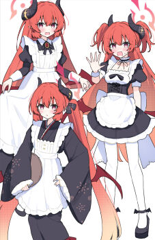 Rule 34 | 1girl, alternate costume, apron, black dress, blue archive, closed mouth, demon girl, demon horns, dress, enmaided, frilled apron, frills, halo, highres, horns, japanese clothes, juliet sleeves, junko (blue archive), long hair, long sleeves, maid, maid apron, multiple views, open mouth, pantyhose, puffy short sleeves, puffy sleeves, purple eyes, red hair, red halo, sateto (user knrf2332), short sleeves, simple background, twintails, very long hair, wa maid, white apron, white background, white pantyhose, wide sleeves