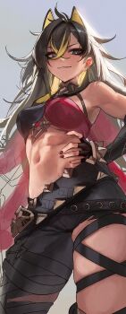 1girl abs arm_armor asymmetrical_clothes bare_shoulders black_gloves blue_eyes breasts colored_tips criss-cross_halter crossed_bangs daniel_deng dark-skinned_female dark_skin dehya_(genshin_impact) earrings fingerless_gloves floating_earrings genshin_impact gloves hair_ears halterneck hand_on_own_hip highres jewelry large_breasts long_hair multicolored_hair nail_polish navel pants red_nails single_pantsleg smirk streaked_hair torn_clothes torn_pants unfinished