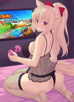 1girl animal_ear_fluff animal_ears ass babydoll black_panties blonde_hair breasts cat_ears cat_tail commentary controller english_commentary fishnet_thighhighs fishnets from_behind game_controller garfield garfield_(character) garfield_kart highres jon_arbuckle kneeling large_breasts long_hair looking_at_viewer looking_back nottytiffy odie original panties patreon_username red_eyes slit_pupils smile solo tail thighhighs tiffy_(nottytiffy) underwear watermark web_address