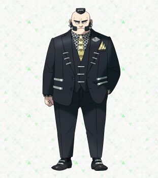 1boy black_hair black_jacket black_pants black_suit black_vest closed_mouth collared_shirt commentary_request facial_hair formal_clothes full_body highres jacket long_sleeves looking_at_viewer male_focus mohawk mutton_chops necktie nintendo official_art pants philippe_(pokemon) pokemon pokemon_legends:_z-a shirt shoes short_hair sideburns solo suit vest yellow_necktie