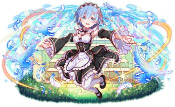 1girl 6+others anime_coloring apron aqua_eyes aqua_feathers aqua_hair artist_request bird black_bow black_corset black_ribbon black_shoes black_skirt black_straps blue_bird blue_sky blue_tail blue_wings blunt_bangs blush bow breasts brick_floor cloud corset crash_fever day eyelashes facing_viewer feathers fingernails flower_knot flying frilled_apron frilled_skirt frilled_sleeves frills full_body game_cg grass hair_ornament hair_over_one_eye juliet_sleeves lace-trimmed_collar lace_trim light_particles light_rays long_sleeves lowered_eyelids maid maid_apron maid_headdress mary_janes medium_breasts multiple_others neck_ribbon no_eyes number_print numbered official_art official_style open_hands open_mouth outdoors outline outstretched_arms petticoat pink_ribbon print_corset puffy_sleeves re:zero_kara_hajimeru_isekai_seikatsu red_outline rem_(re:zero) ribbon roswaal_mansion_maid_uniform shoes short_hair skirt sky smile solo sparkle spread_arms square square_print stairs sunbeam sunlight tachi-e teeth thighhighs third-party_source transparent_background two-tone_headdress underbust upper_teeth_only white_apron white_bow white_feathers white_thighhighs wide_sleeves wings x_hair_ornament