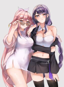 2girls alternate_costume animal_ears armpit_crease bare_shoulders black_jacket black_skirt black_thighhighs blush breasts cleavage closed_mouth commentary couple covered_navel crop_top cross detached_collar dress fox_ears fox_girl genshin_impact grey_background hair_between_eyes hair_ornament hairclip head_tilt high_ponytail highres jacket lemon_t long_hair long_sleeves looking_to_the_side multiple_girls navel off_shoulder open_clothes open_jacket parted_lips pink_hair pink_jacket pink_nails ponytail purple_eyes purple_hair raiden_shogun shade simple_background skirt stomach sunglasses thighhighs thighs yae_miko yuri