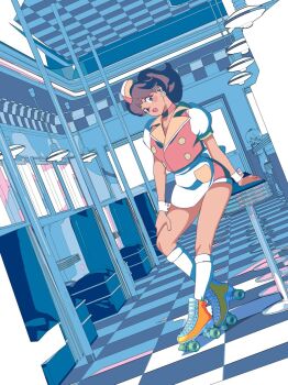 1girl :o apron blue_eyes blush_stickers booth_seating brown_hair carhop checkered_floor choker collared_jacket diner door dutch_angle earrings edoya_inuhachi flat_color flower_earrings full_body garrison_cap hand_on_own_thigh hanging_light hat head_tilt highres indoors jacket jewelry kneehighs looking_at_viewer mario_(series) medium_hair multicolored_jacket nintendo open_mouth orange_hat orange_jacket orange_shoes ponytail princess_daisy puffy_short_sleeves puffy_sleeves red_choker red_jacket red_shorts restaurant roller_skates shoes short_shorts short_sleeves shorts sitting skates socks solo stool tan waist_apron waitress white_apron white_sleeves white_socks window wrist_cuffs