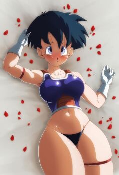 Rule 34 | arm behind head, armlet, bed, bikini, black bikini, black hair, blush, breasts, collarbone, dragon ball, dragonball z, gloves, jewelry, large breasts, looking at viewer, lying, navel, on back, petals, rose petals, saiyan armor, short hair, shy, swimsuit, thick thighs, thigh strap, thighs, vest, videl, white gloves, wide hips