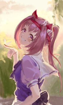 1girl animal animal_ears animal_on_hand back_bow bow bug dragonfly ear_covers from_behind grin hair_intakes hairband haru_urara_(umamusume) highres horse_ears horse_girl inishie_kumo insect long_hair looking_at_viewer pink_hair ponytail purple_bow purple_eyes purple_shirt red_hairband sailor_collar shirt short_sleeves sidelocks smile solo umamusume white_sailor_collar