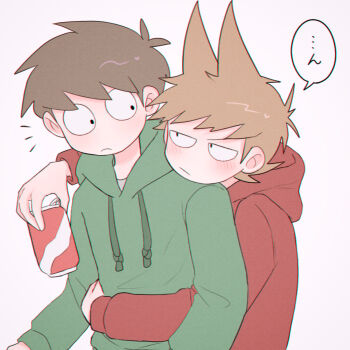 2boys antenna_hair arm_around_waist black_eyes blush brown_hair can cola commentary_request drawstring drink_can edd_(eddsworld) eddsworld eye_contact flipped_hair food_theft frown green_hoodie hair_behind_ear hair_ears height_difference highres holding holding_can hood hood_down hoodie hug hug_from_behind jitome long_sleeves looking_at_another male_focus mau_(edd_tom) multiple_boys notice_lines red_hoodie short_hair simple_background speech_bubble surprised swept_bangs tord_(eddsworld) white_background wide-eyed yaoi