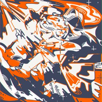 Rule 34 | 1girl, 3ma can omochi, abstract, arknights, astgenne (arknights), bird, cape, closed mouth, commentary, english commentary, from side, half-closed eyes, hand up, highres, limited palette, orange theme, pointing, shirt, sleeveless, sleeveless shirt, solo, upper body