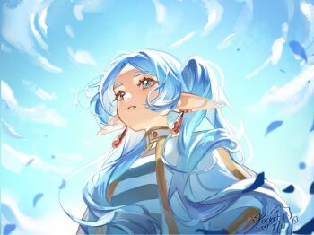 1girl artist_name backlighting blue_sky capelet cloud commentary earrings elf english_commentary eyelashes falling_petals floating_hair frieren gold_trim green_eyes hair_over_shoulder head_back highres jewelry long_pointy_ears looking_up meme nii-tuber outdoors parted_bangs parted_lips petals pointy_ears shirt sky solo sousou_no_frieren striped_clothes striped_shirt teardrop_earrings thick_eyebrows twintails upper_body upward_angle_frieren_drawing_(meme) white_capelet white_hair