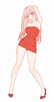 1girl absurdres alternate_costume arm_behind_head arm_up armpits bare_arms bare_shoulders blush breasts chinese_commentary cleavage closed_mouth collarbone commentary_request contrapposto dress full_body high_heels highres infinity_nikki long_hair looking_at_viewer nikki_(nikki) nikki_(series) pink_hair pressplus red_dress red_eyes short_dress simple_background solo standing strapless strapless_dress white_background