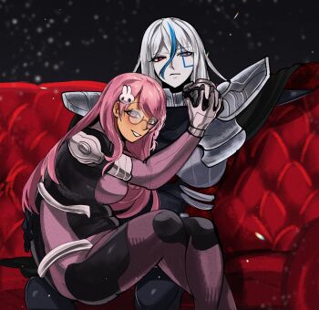 2girls armor arms_around_neck black_bodysuit blue_hair blue_streaks bodysuit breasts cape commentary commission couch crossed_legs english_commentary facial_mark glasses gorget grey_background hair_ornament heterochromia highres knees_up large_breasts long_hair looking_at_viewer muimui_0625 multicolored_bodysuit multicolored_hair multiple_girls oc_x_canon on_couch open_mouth original pink_bodysuit pink_eyes pink_hair purple_eyes rabbit_hair_ornament red_bodysuit red_eyes second-party_source shoulder_armor sitting sitting_on_lap sitting_on_person smile streaked_hair the_hundred_line_-last_defense_academy- v'ehxness white_hair