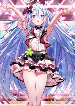 1girl armpits arms_up belt blue_eyes blue_hair blush frilled_skirt frills hair_between_eyes hair_ornament halo harii_(janib5kc) highres idol layered_skirt long_hair looking_at_viewer open_mouth project_sekai shirt skirt sleeveless solo stage stage_lights very_long_hair yoisaki_kanade