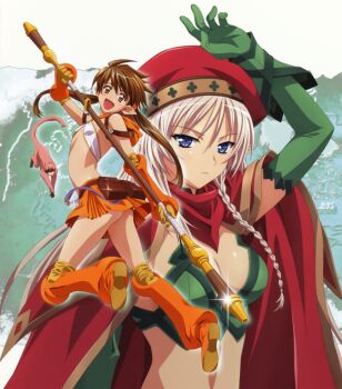 2girls absurdres alleyne_(queen's_blade) alleyne_(queen's_blade) beret blonde_hair blue_eyes blush boots braid breasts brown_eyes brown_hair cape cleavage elbow_gloves elf fighting_master_alleyne flat_chest forest_keeper_nowa gloves halterneck hat highres long_hair midriff monkey multiple_girls nowa_(queen's_blade) nowa_(queen's_blade) open_mouth pointy_ears queen's_blade rin-sin ruu_(queen's_blade) side_braid skirt staff thigh_boots thighhighs twintails