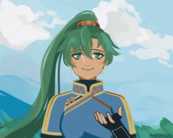 1girl animated animated_gif artist_name asymmetrical_bangs blue_dress china_dress chinese_clothes day dress earrings fingerless_gloves fire_emblem fire_emblem:_the_blazing_blade gloves green_eyes green_hair hand_up high_ponytail jewelry long_hair looking_at_viewer looping_animation lyn_(fire_emblem) nintendo outdoors ponytail sky smile solo undershirt very_long_hair wind yancadoodles
