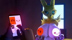 1girl 3d animated blush breasts breasts_squeezed_together cellphone digimon digimon_(creature) frustrated furry furry_female grabbing_own_breast holding holding_phone huge_breasts indoors looking_at_viewer looking_to_the_side nipples nude phone pov pov_hands renamon smartphone standing tagme uwotinfokm8 video